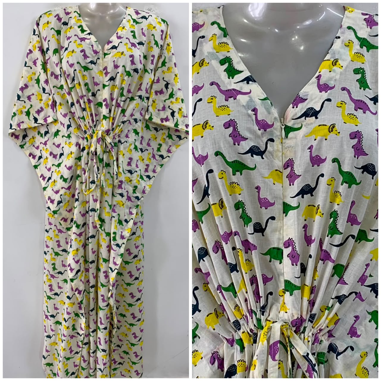 Off White Shade Multicolor Dino Print Cotton Maternity Nursing Kaftan