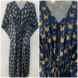 Dark Blue Shade Brown Rabbit Face Print Cotton Maternity Nursing Kaftan