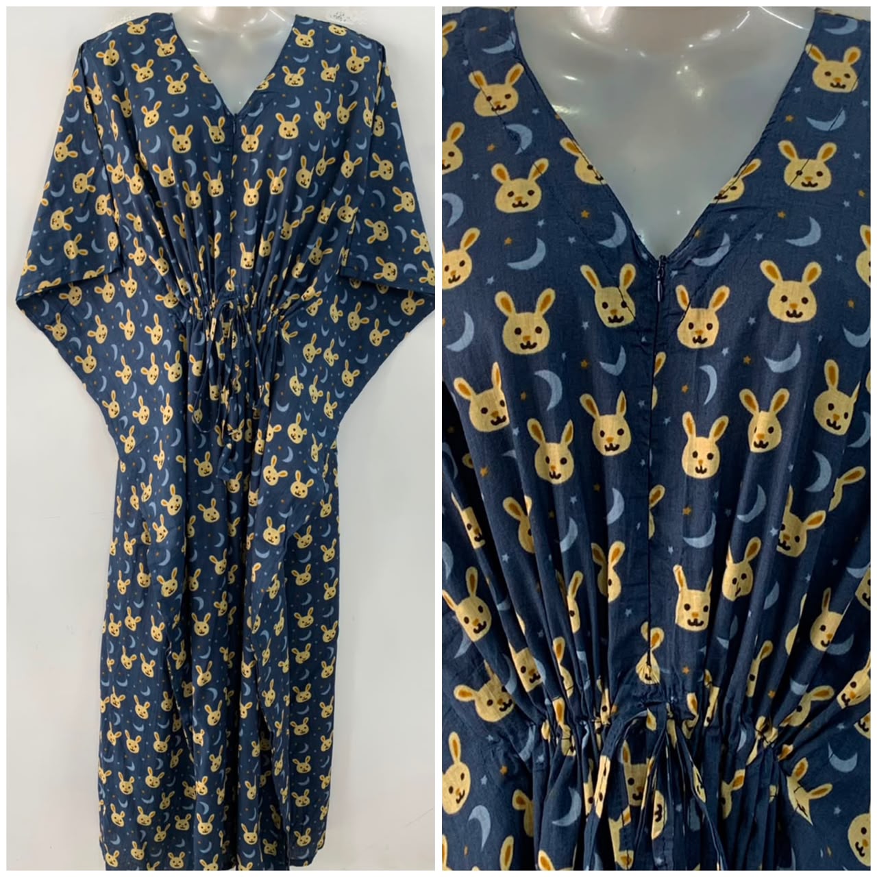 Dark Blue Shade Brown Rabbit Face Print Cotton Maternity Nursing Kaftan