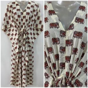 White Shade Grey Ethnic Elephant Print Cotton Maternity Nursing Kaftan