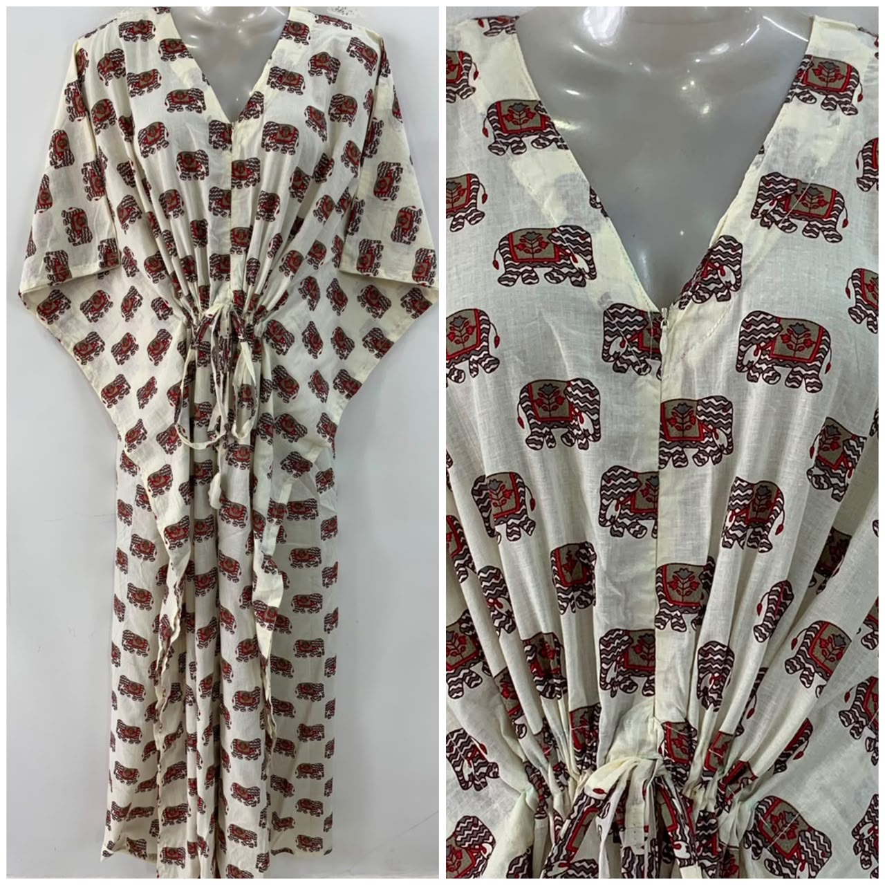 White Shade Grey Ethnic Elephant Print Cotton Maternity Nursing Kaftan