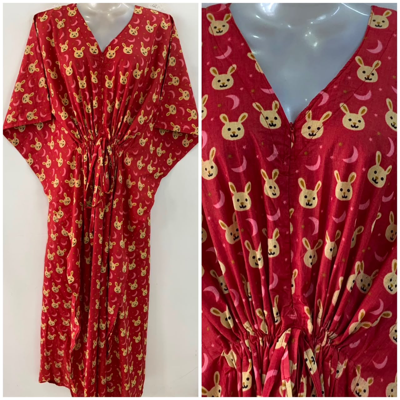 Brick Red Shade Brown Rabbit Face Print Cotton Maternity Nursing Kaftan