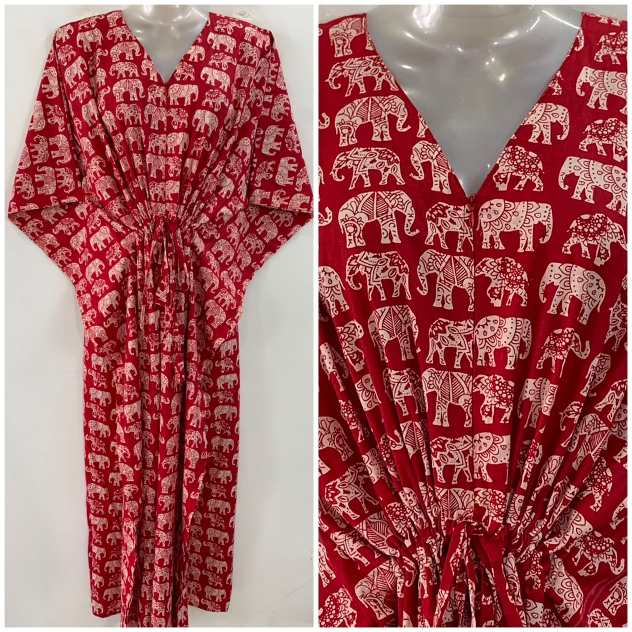 Red Shade Boho Elephant Print Cotton Maternity Nursing Kaftan