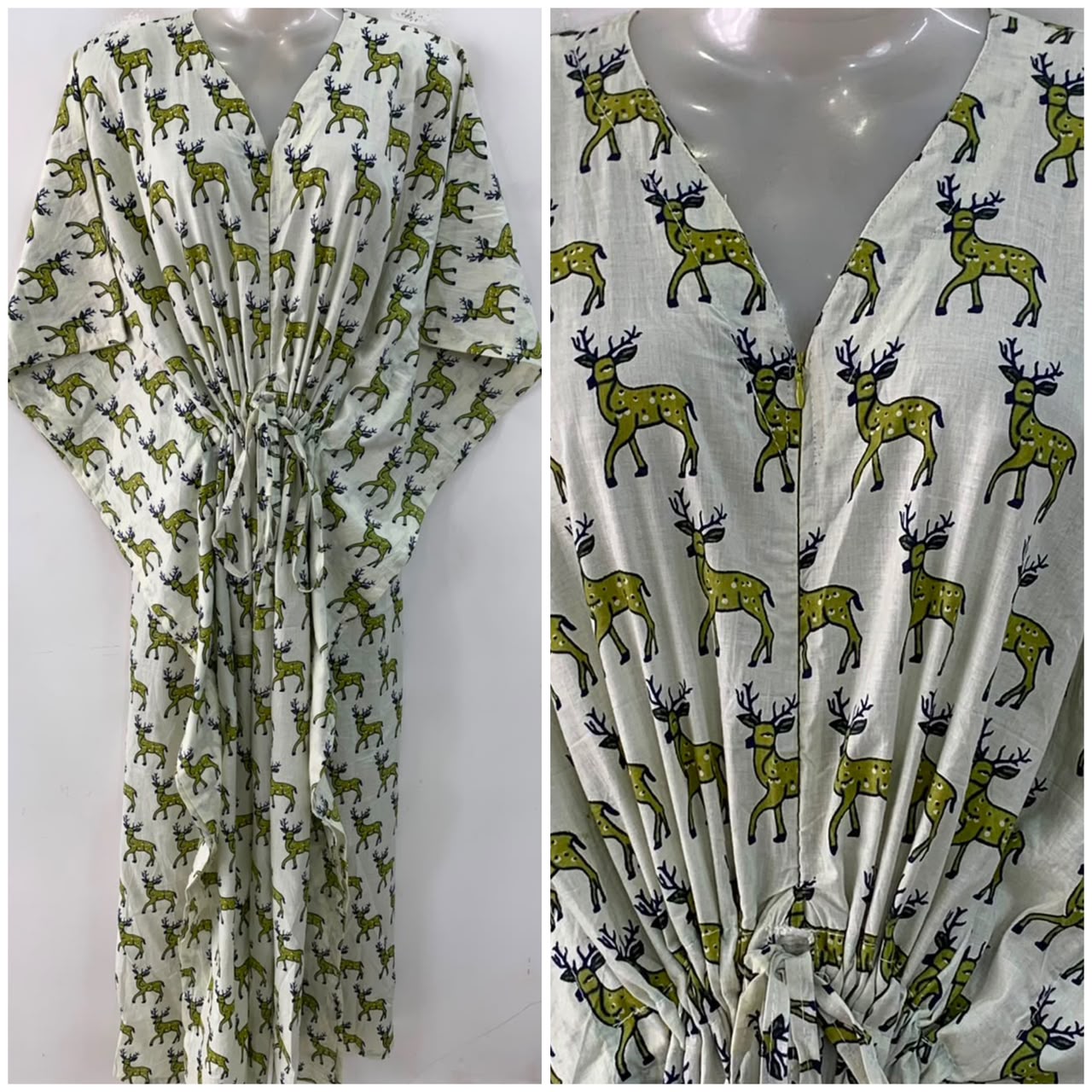 White Shade Green Rein Deer Print Cotton Maternity Nursing Kaftan
