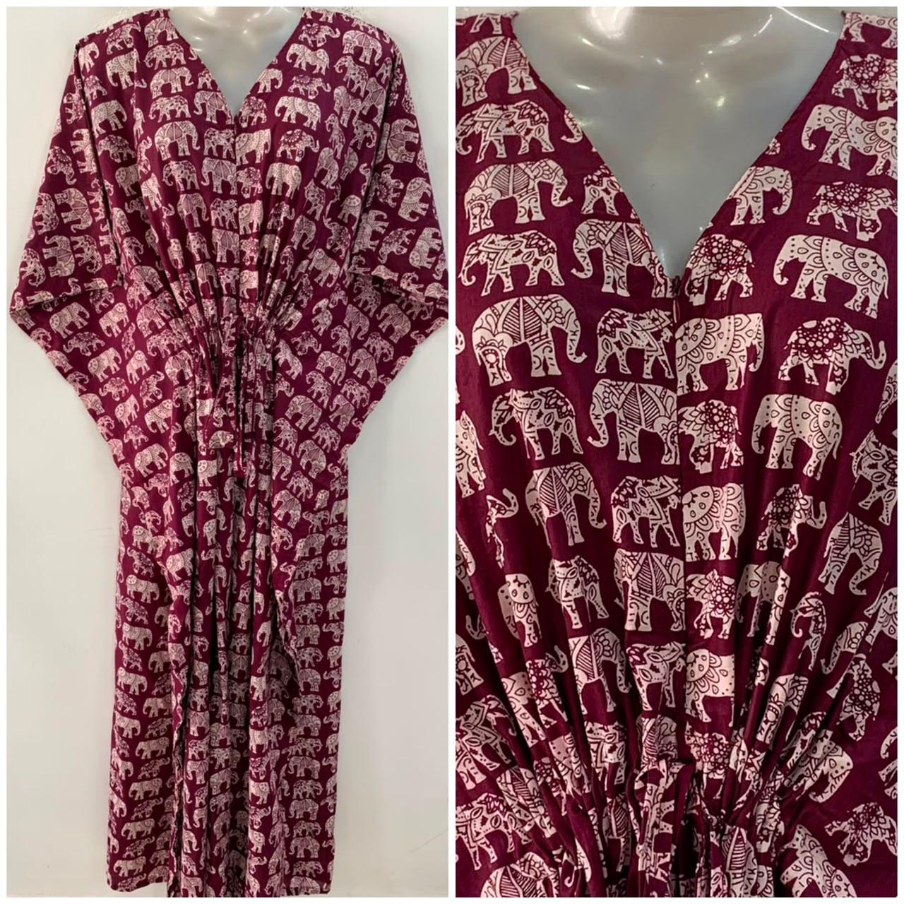 Plum Shade Boho Elephant Print Cotton Maternity Nursing Kaftan