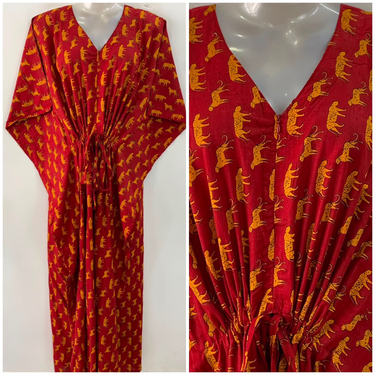 Brick Red Shade Yellow Leopard Print Cotton Maternity Nursing Kaftan