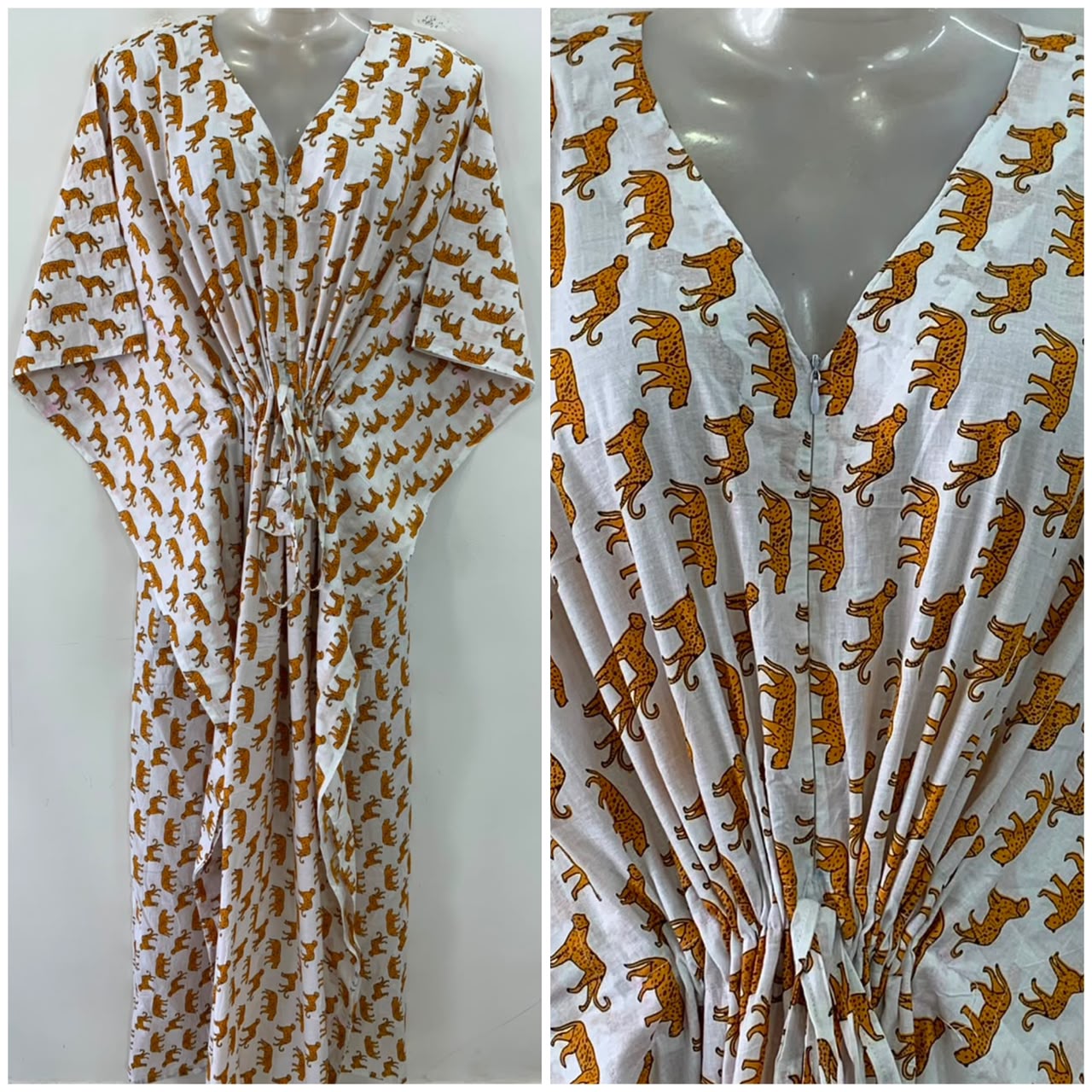 White Shade Yellow Leopard Print Cotton Maternity Nursing Kaftan