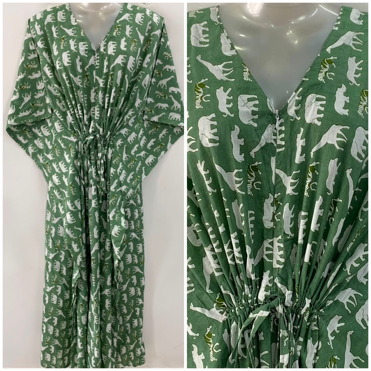 Slate Green Shade Animal Print Cotton Maternity Nursing Kaftan