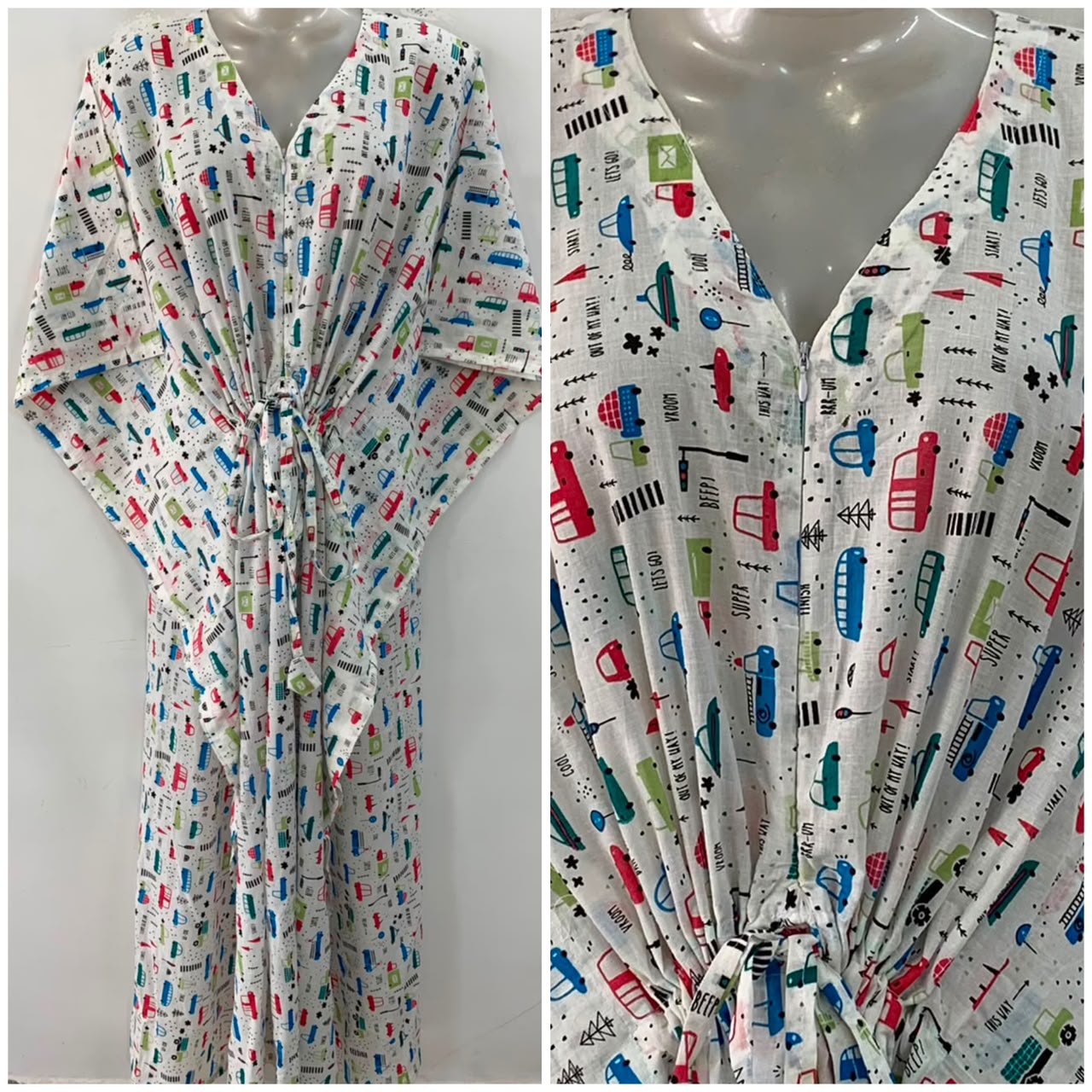 White Shade Toy Car Print Cotton Maternity Nursing Kaftan