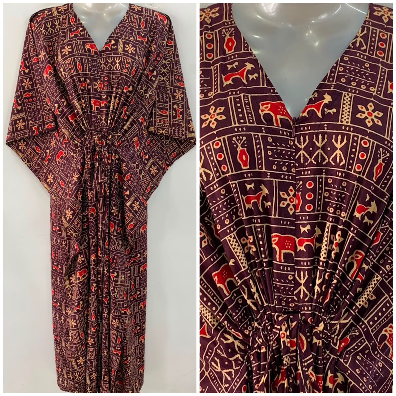 Dark Plum Shade Boho Print Cotton Maternity Nursing Kaftan