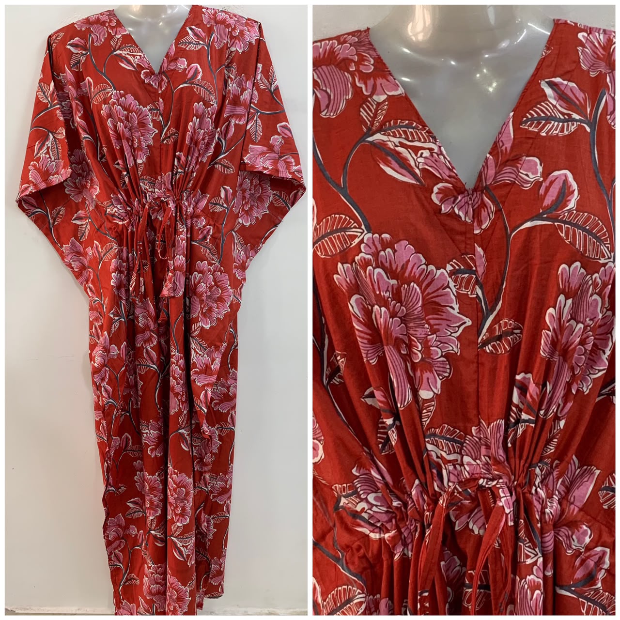 Red Shade Pink Earth Lotus Print Cotton Maternity Nursing Kaftan
