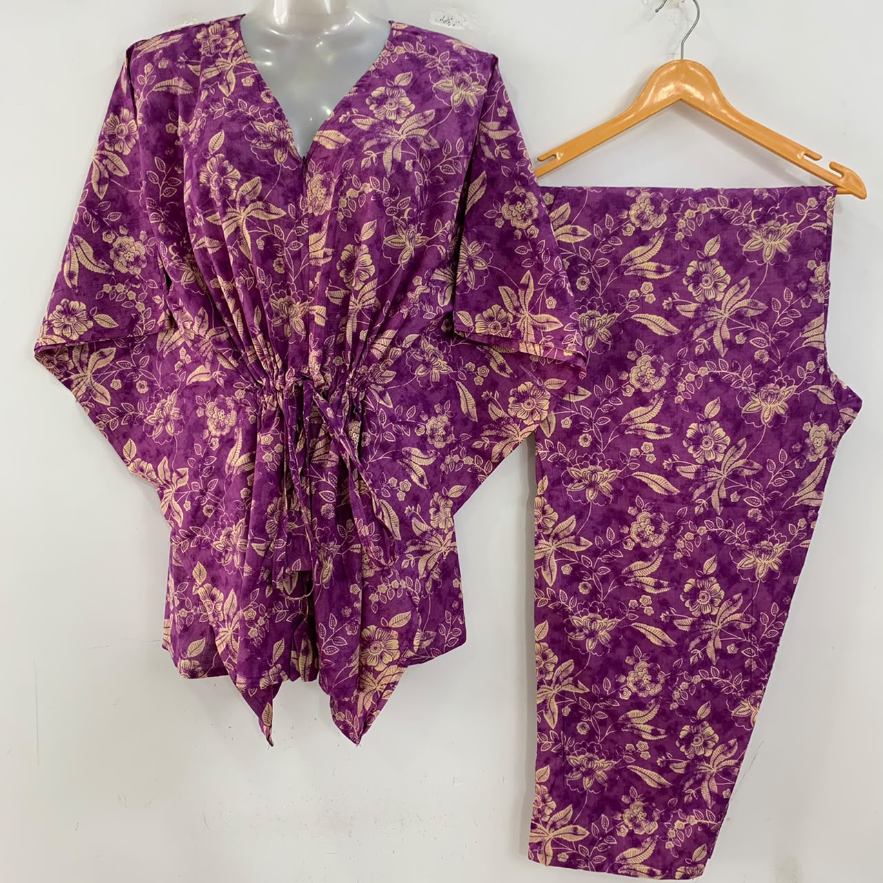 Purple Shade Cream Flower Jungle Print Cotton Maternity Kaftan Co-Ord Set