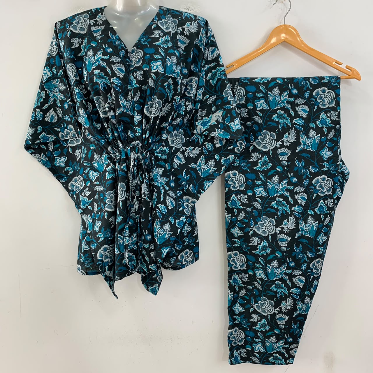 Black shade Blue Midnight Flower Print Cotton Maternity Kaftan Co-Ord Set