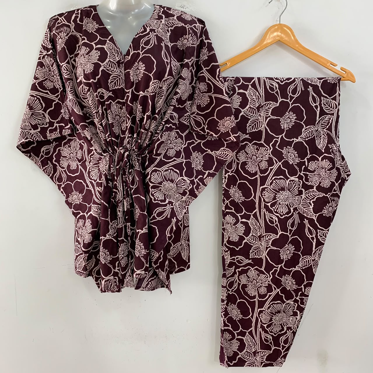 Plum Shade Digital Outliner Flower Print Cotton Maternity Kaftan Co-Ord Set