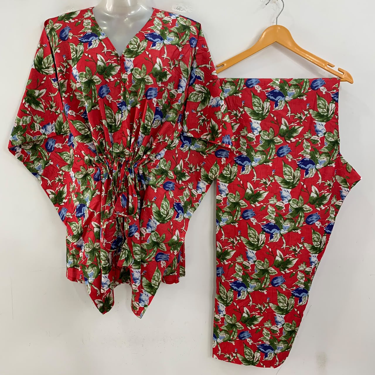 Red Shade Green Leafy Print Cotton Maternity Kaftan Co-Ord Set