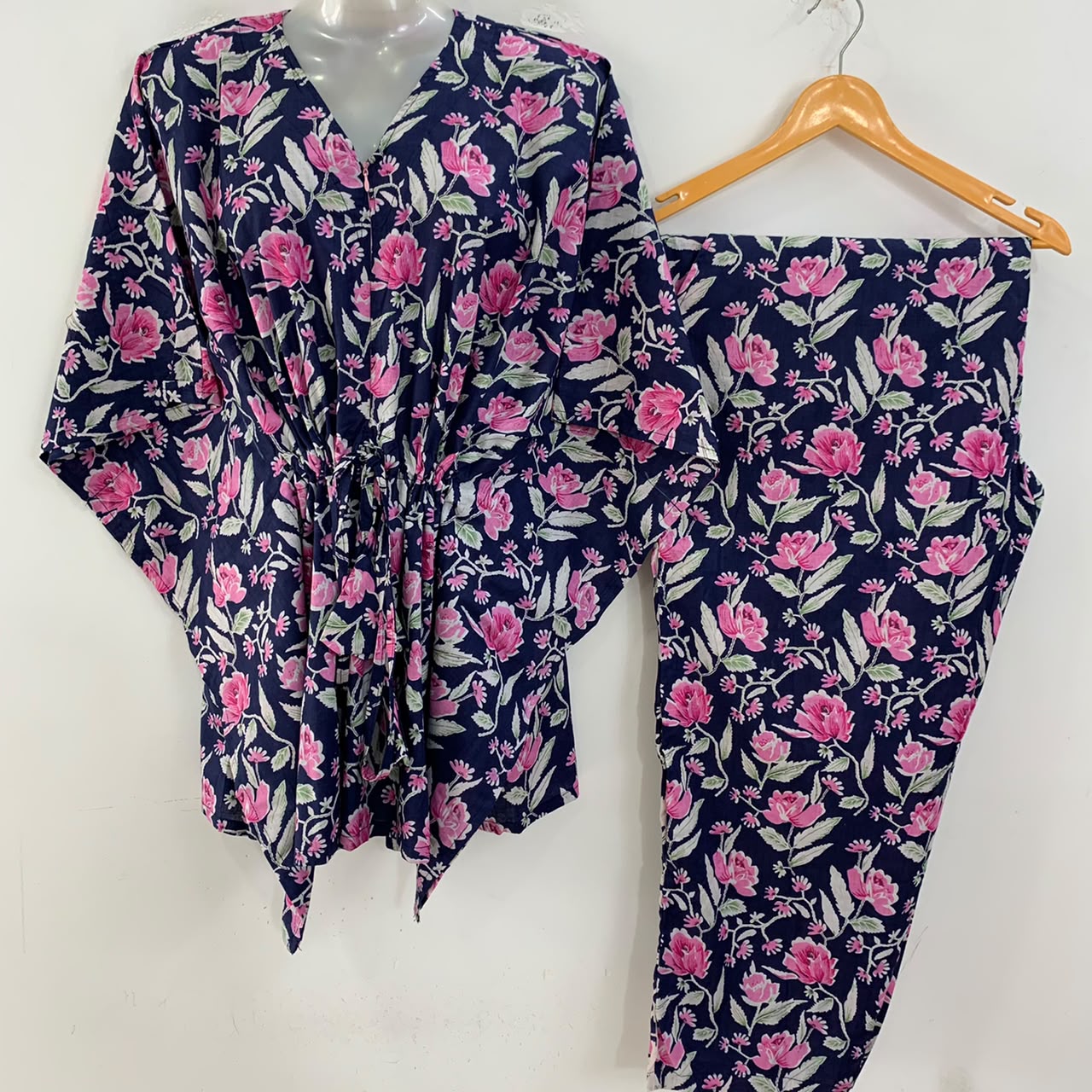 Navy Blue shade Pink Rose Flower Print Cotton Maternity Kaftan Co-Ord Set