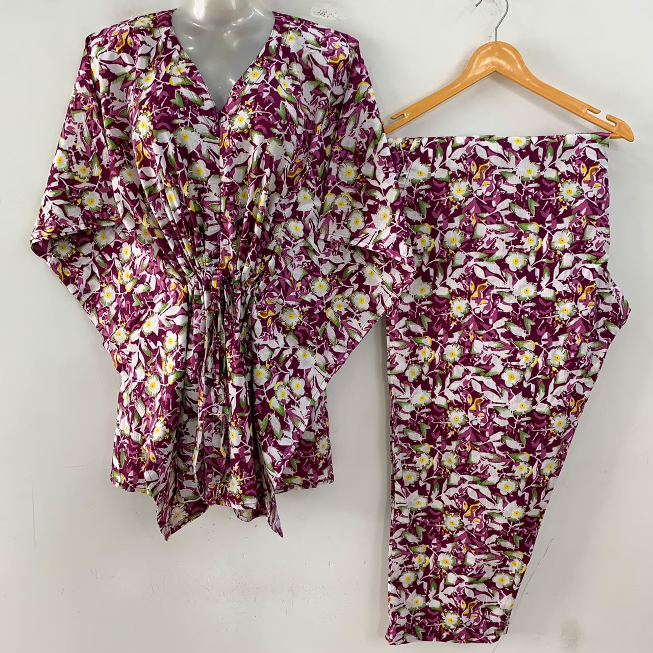 Purple shade white-Yellow flower Abstract Print Cotton Maternity Kaftan Co-Ord Set