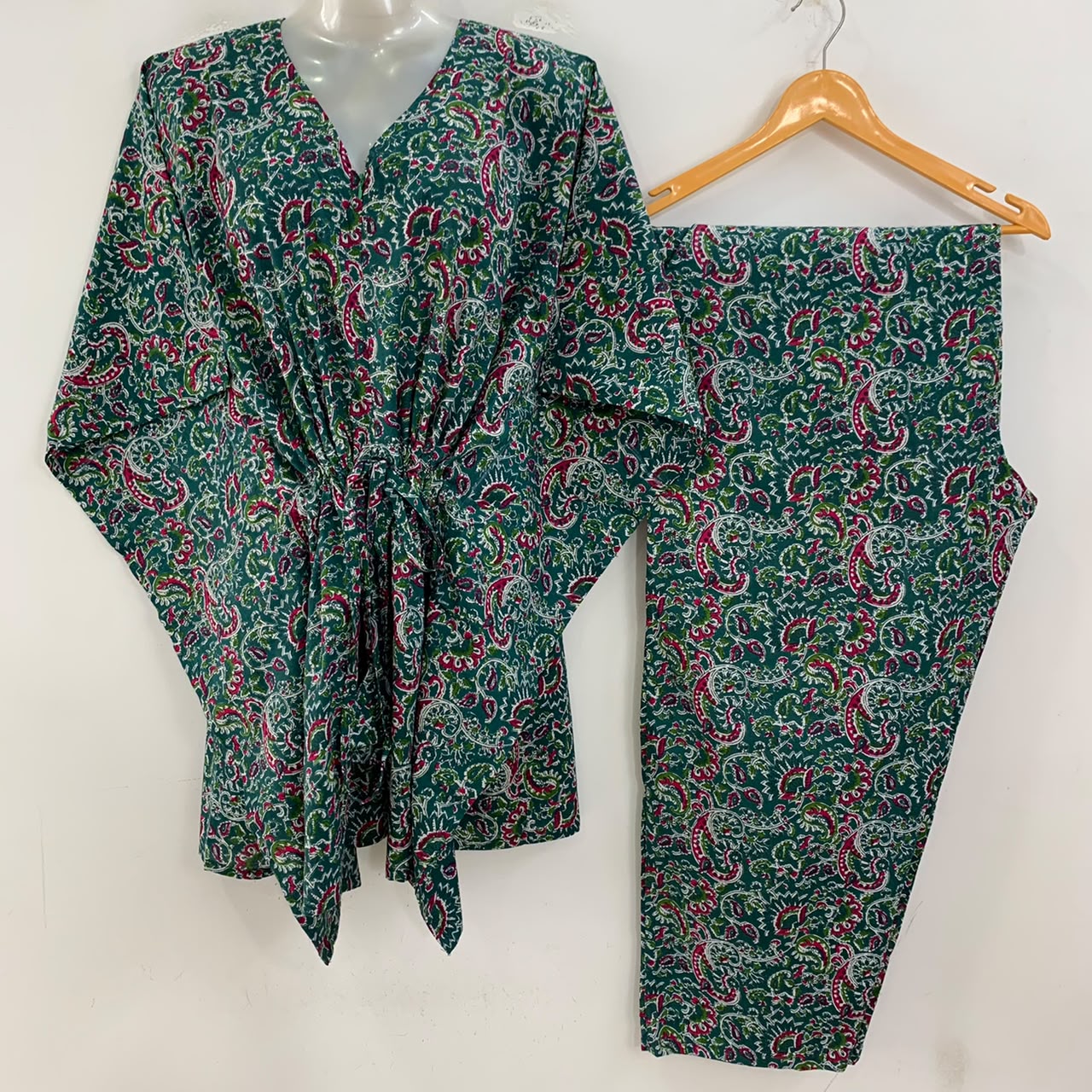 Green Shade Pink Kalamkari Print Cotton Maternity Kaftan Co-Ord Set