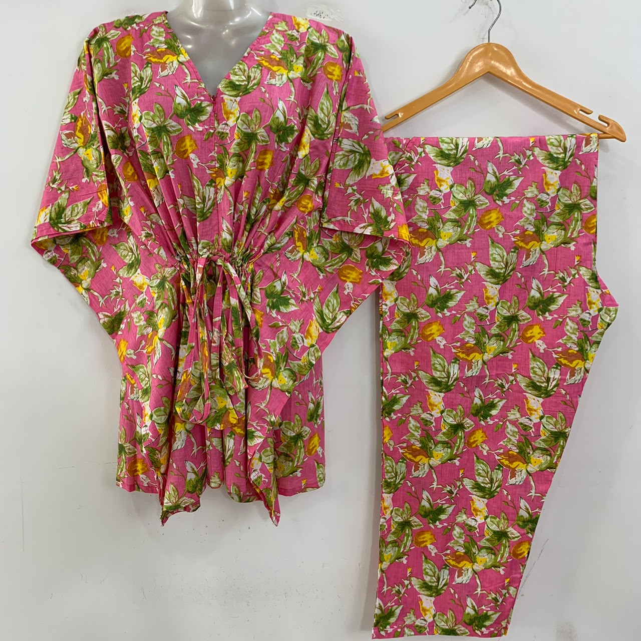 Light Pink Shade Green Leafy Print Cotton Maternity Kaftan Co-Ord Set