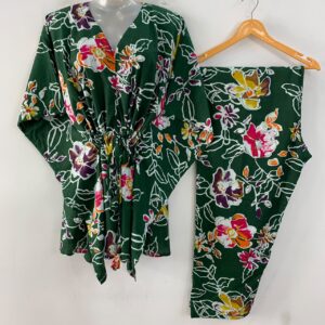 Green Shade Multicolor Flower Outliner Print Cotton Maternity Kaftan Co-Ord Set