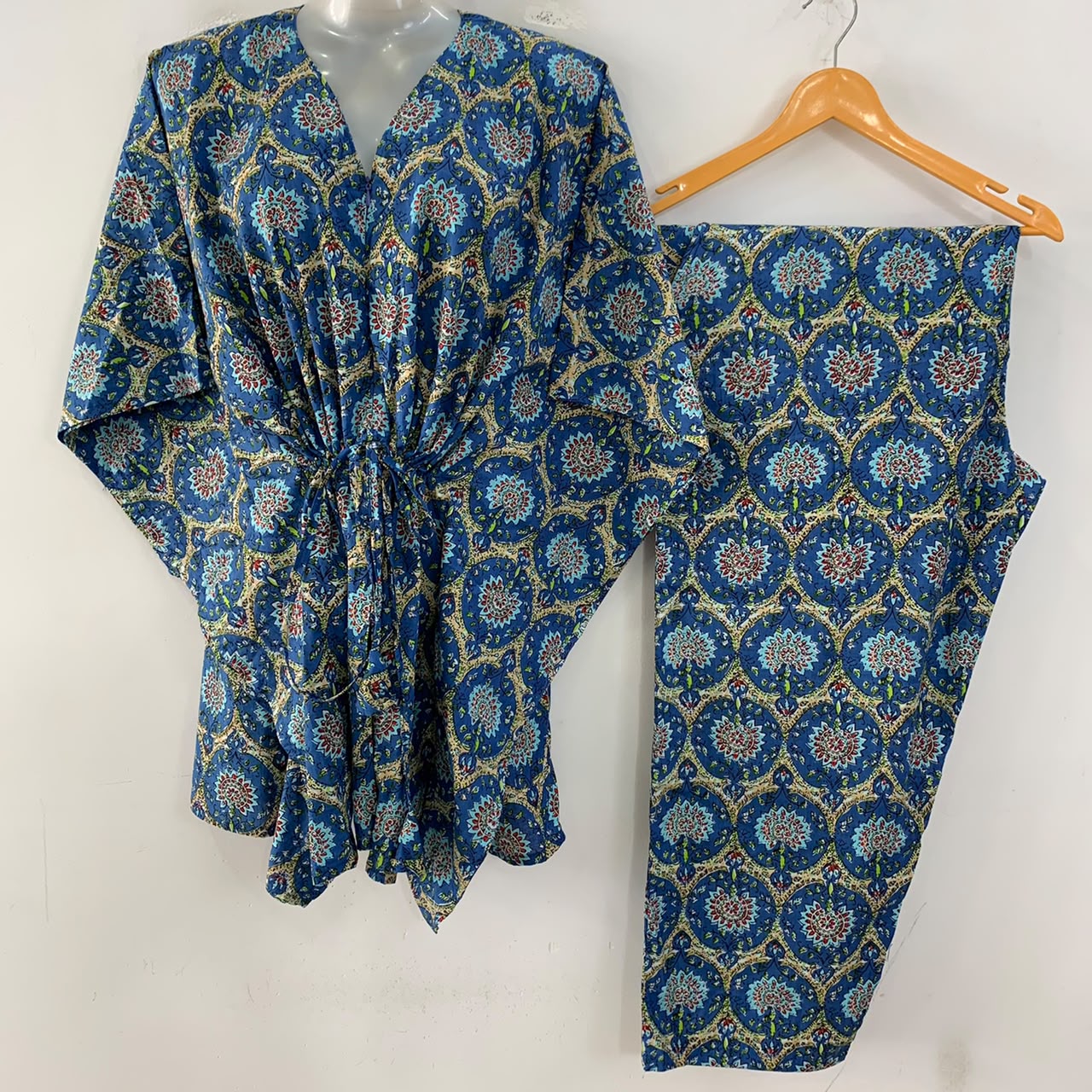 Blue Shade Mughal Print Cotton Maternity Kaftan Co-Ord Set