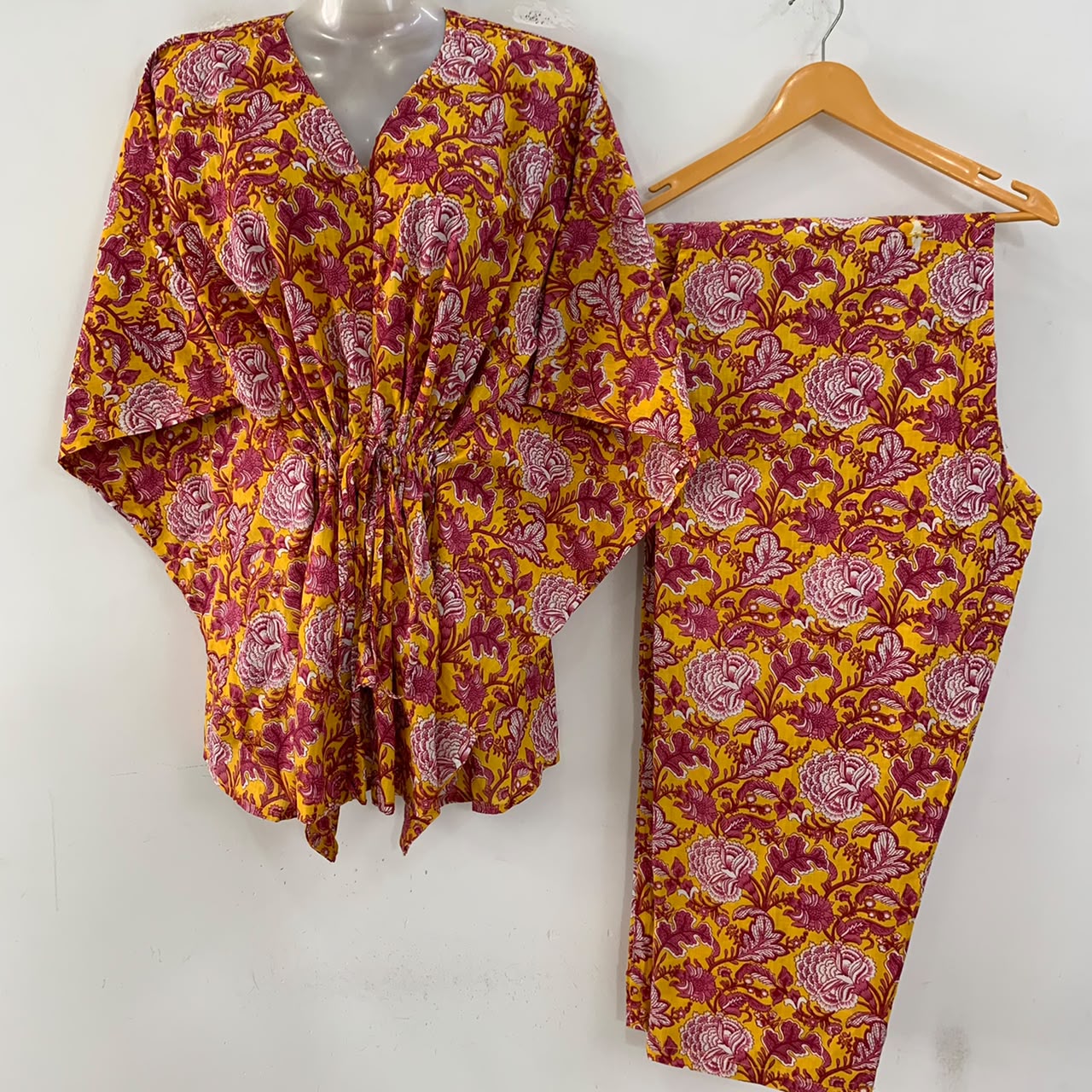 Yellow Shade Pink Marigold Print Cotton Maternity Kaftan Co-Ord Set
