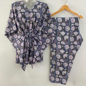 Slate Blue Shade White Marigold Flower Print Cotton Maternity Kaftan Co-Ord Set
