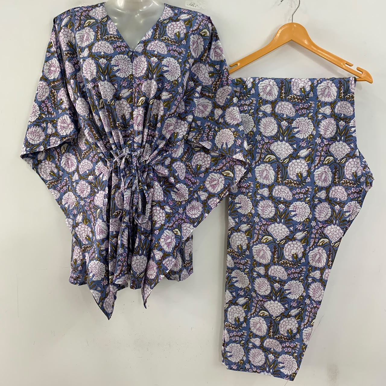 Slate Blue Shade White Marigold Flower Print Cotton Maternity Kaftan Co-Ord Set