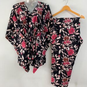 Black Shade Pink Morning Glory Print Cotton Maternity Kaftan Co-Ord Set