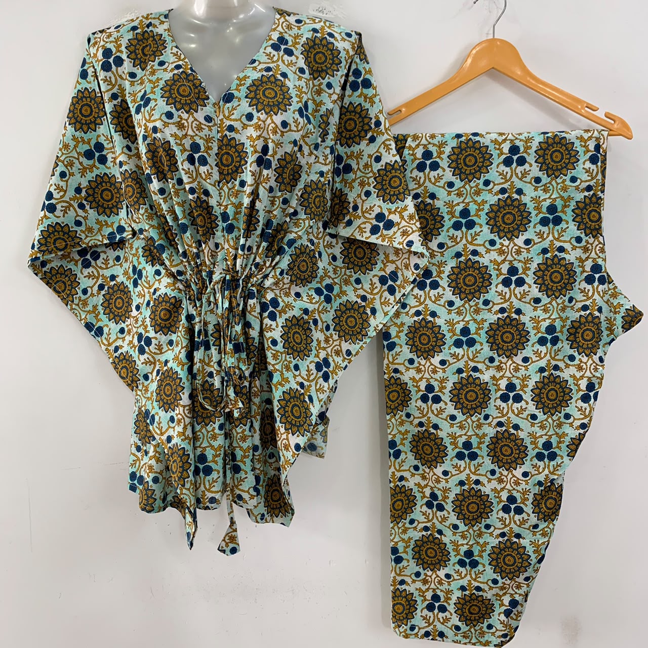 Blue Shade Brown Mandala Print Cotton Maternity Kaftan Co-Ord Set