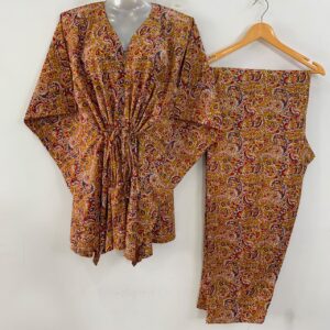 Mustard Yellow Shade Kalamkari Print Cotton Maternity Kaftan Co-Ord Set