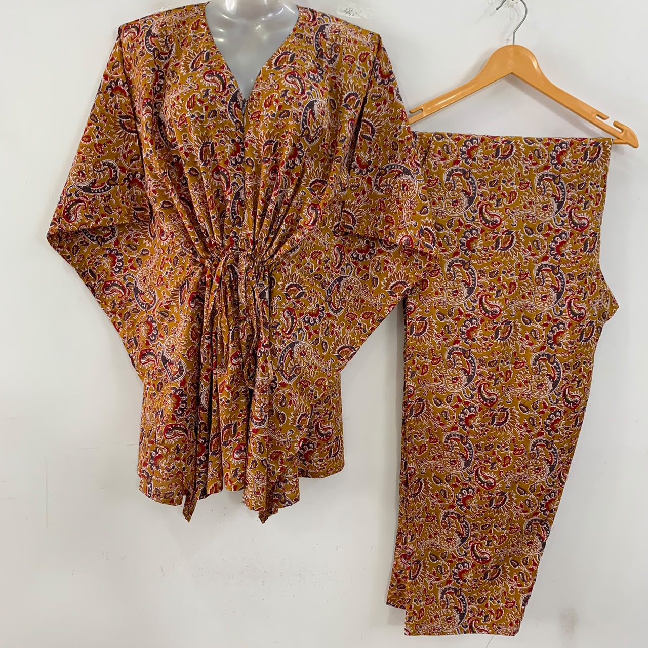 Mustard Yellow Shade Kalamkari Print Cotton Maternity Kaftan Co-Ord Set