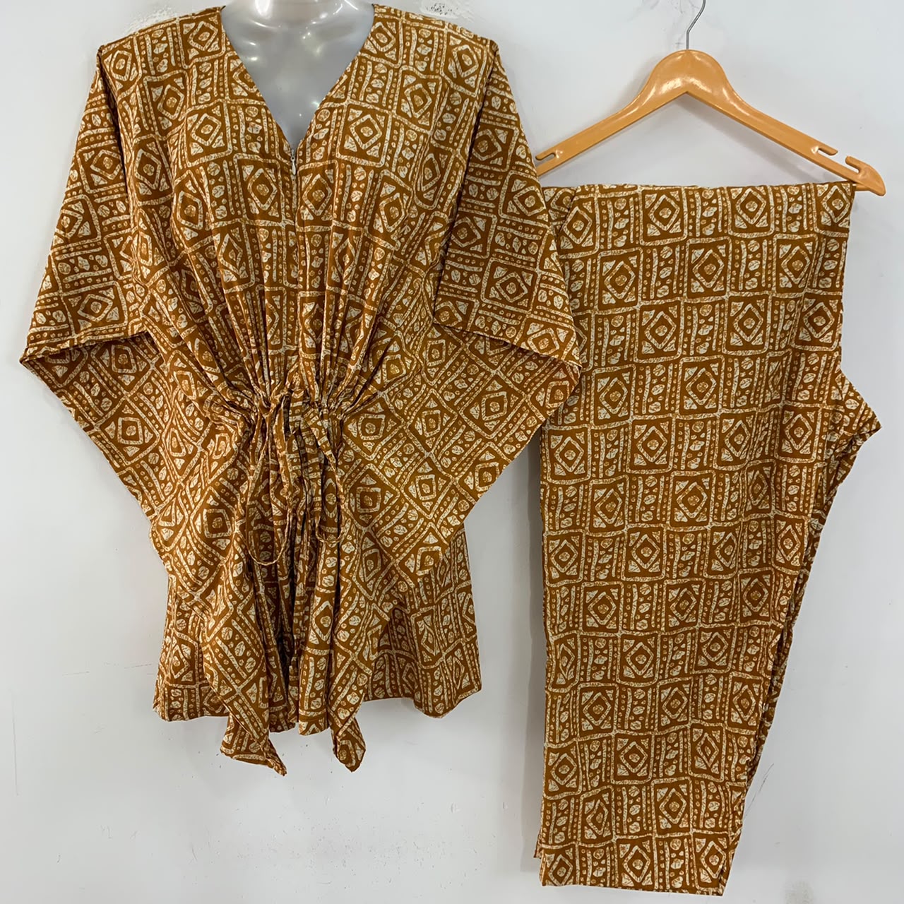 Mustard Yellow Shade Egyptian Boho Print Cotton Maternity Kaftan Co-Ord Set