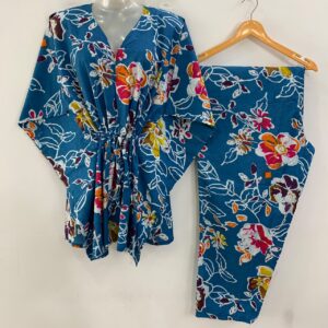 Blue Shade Multicolor Flower Outliner Print Cotton Maternity Kaftan Co-Ord Set