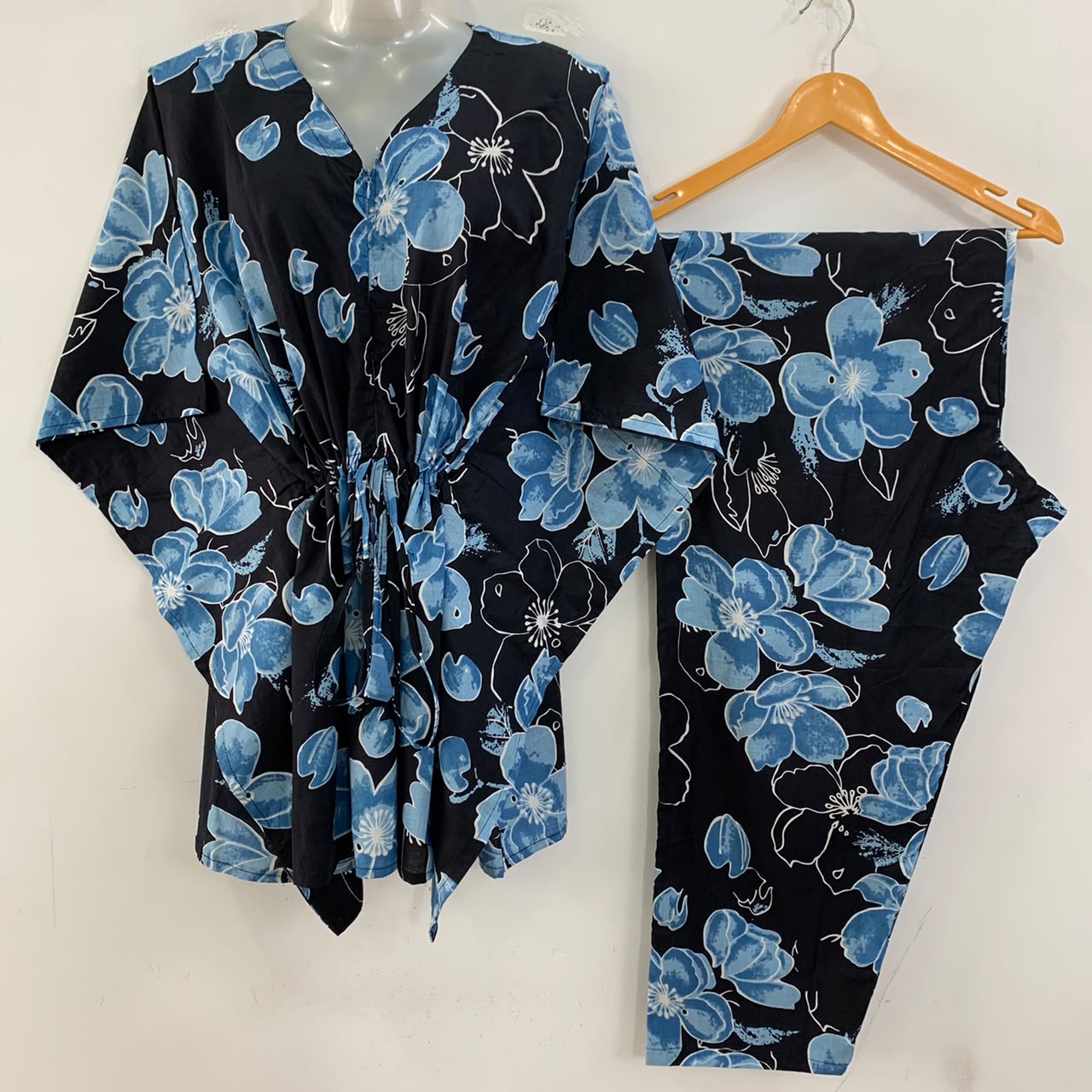 Black Shade Blue Glowy Flower Print Cotton Maternity Kaftan Co-Ord Set