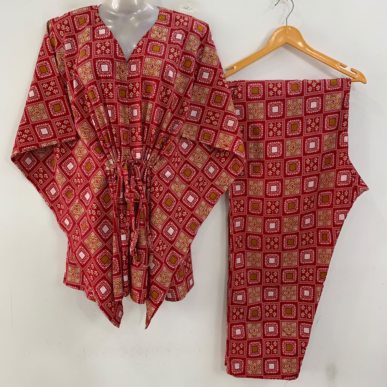Red Shade Block Bagru Print Cotton Maternity Kaftan Co-Ord Set