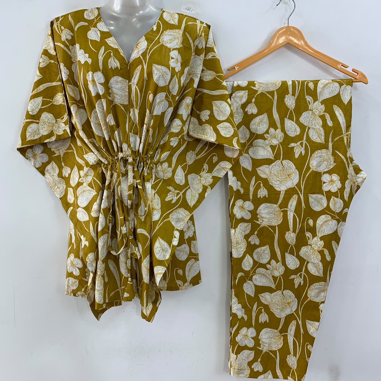 Mustard Yellow Shade Cotton Flower Print Cotton Maternity Kaftan Co-Ord Set