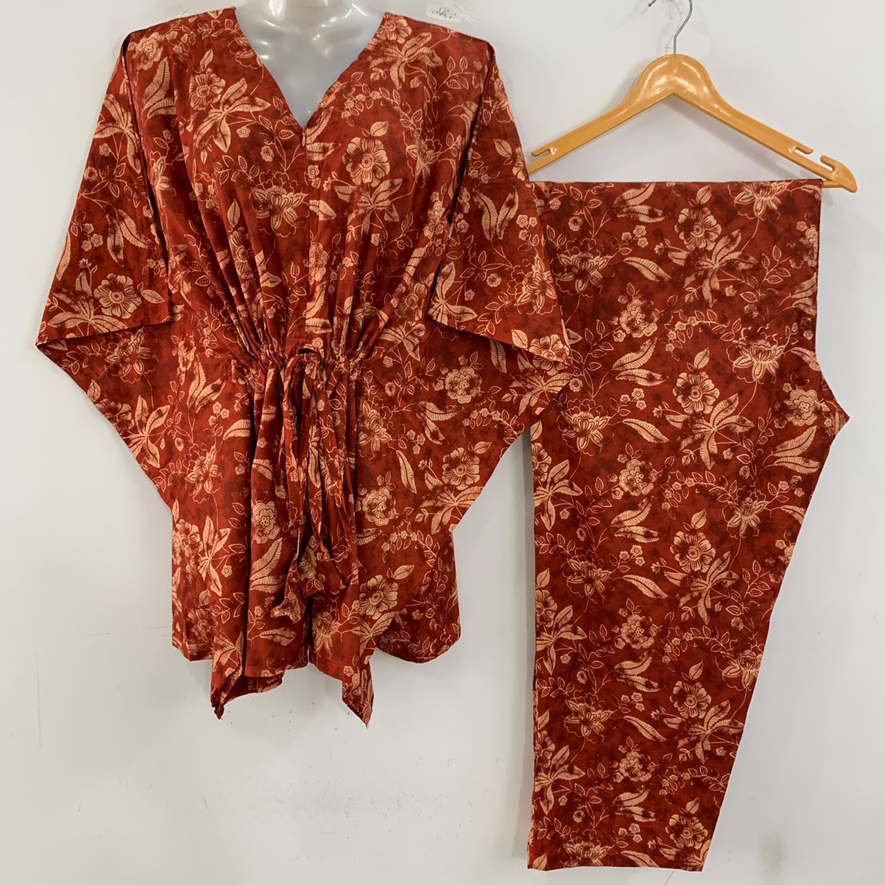 Brick Red Shade Cream Flower Jungle Print Cotton Maternity Kaftan Co-Ord Set