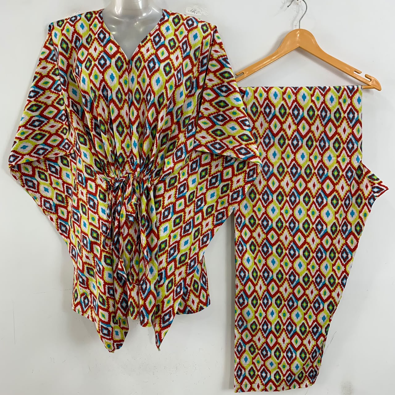 Red-Yellow Ikkat Print Cotton Maternity Kaftan Co-Ord Set