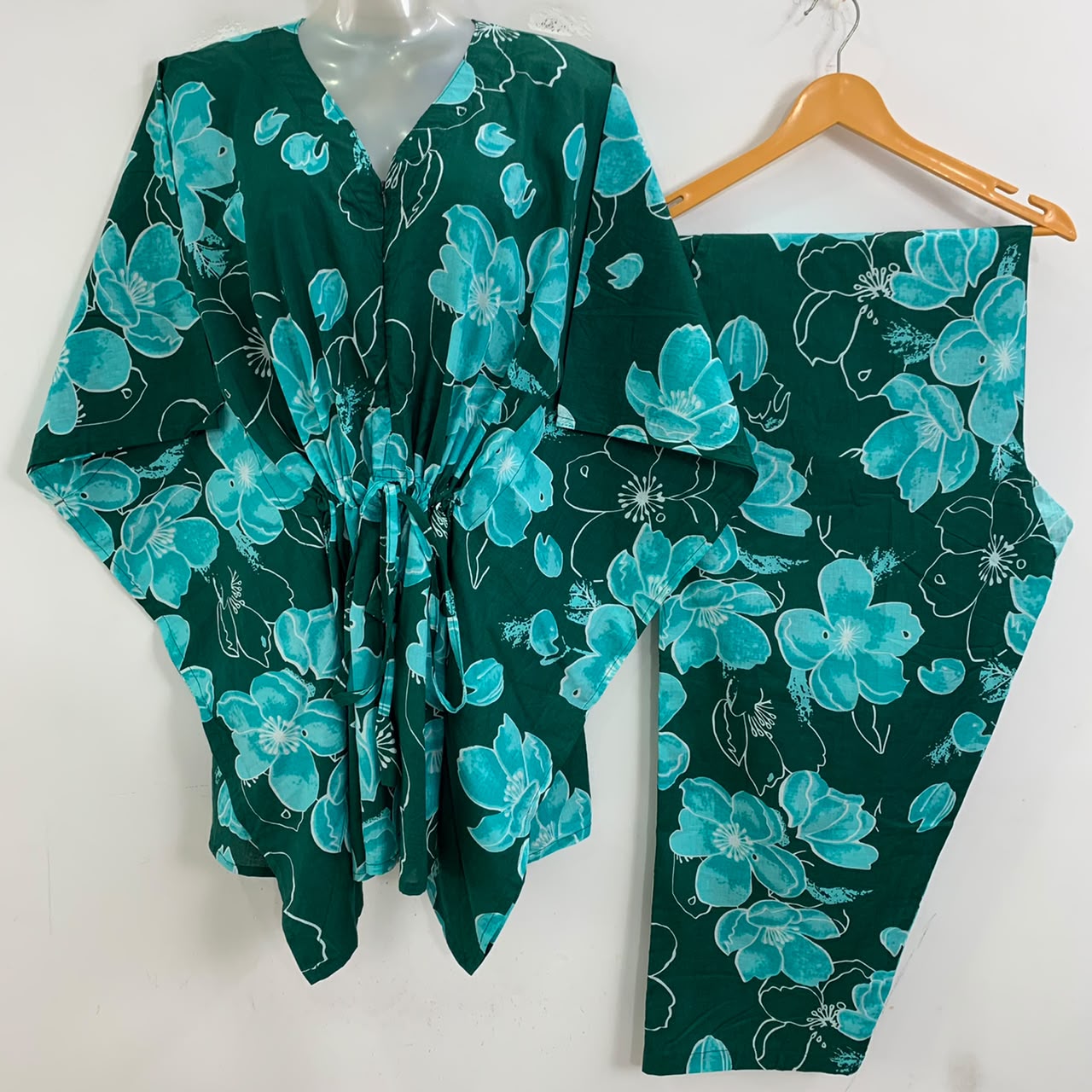 Green Shade Blue Glowy Flower Print Cotton Maternity Kaftan Co-Ord Set