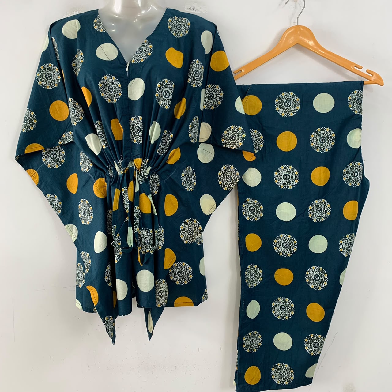 Teal Blue Polka Dot Mandala Print Cotton Maternity Kaftan Co-Ord Set