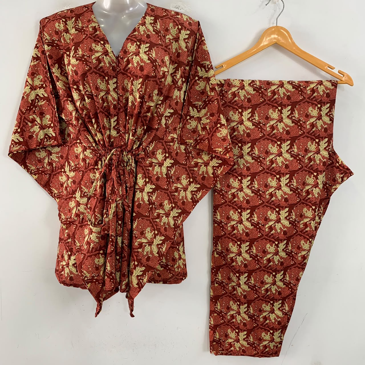 Brick Red Shade Yellow Leafy Print Cotton Maternity Kaftan Co-Ord Set