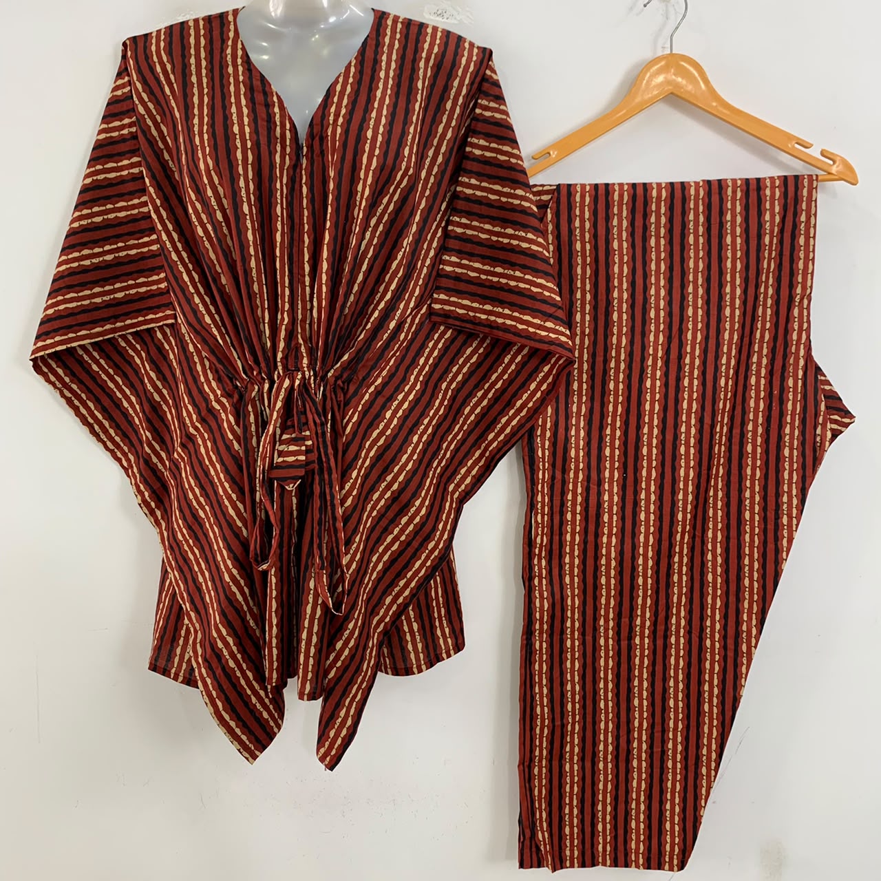 Red- Black Lining Print Cotton Maternity Kaftan Co-Ord Set