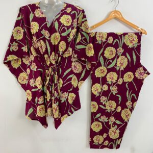 Dark Purple shade Yellow Dahlia Print Cotton Maternity Kaftan Co-Ord Set