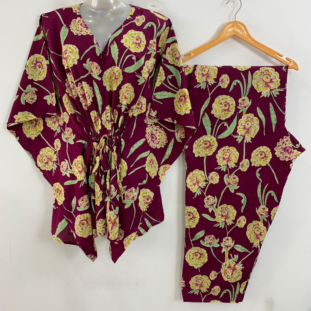 Dark Purple shade Yellow Dahlia Print Cotton Maternity Kaftan Co-Ord Set