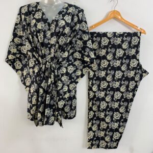 Black shade Grey Rose Print Cotton Maternity Kaftan Co-Ord Set