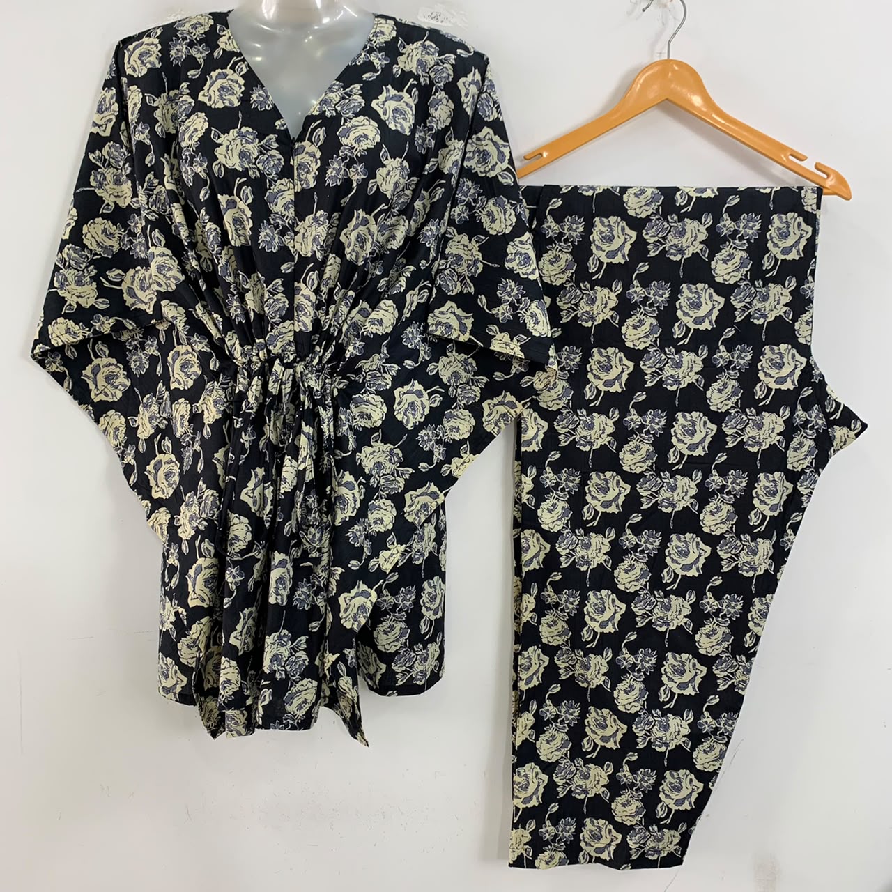 Black shade Grey Rose Print Cotton Maternity Kaftan Co-Ord Set