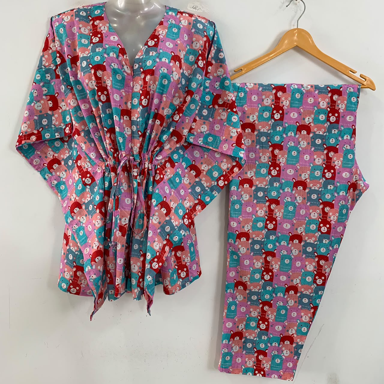 Blue-Pink Teddy Bear Print Cotton Maternity Kaftan Co-Ord Set