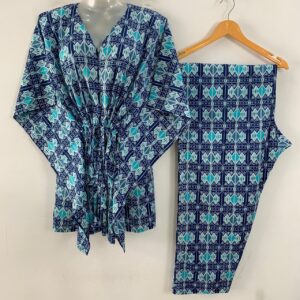 Dark Blue shade Blue Kite Print Cotton Maternity Kaftan Co-Ord Set