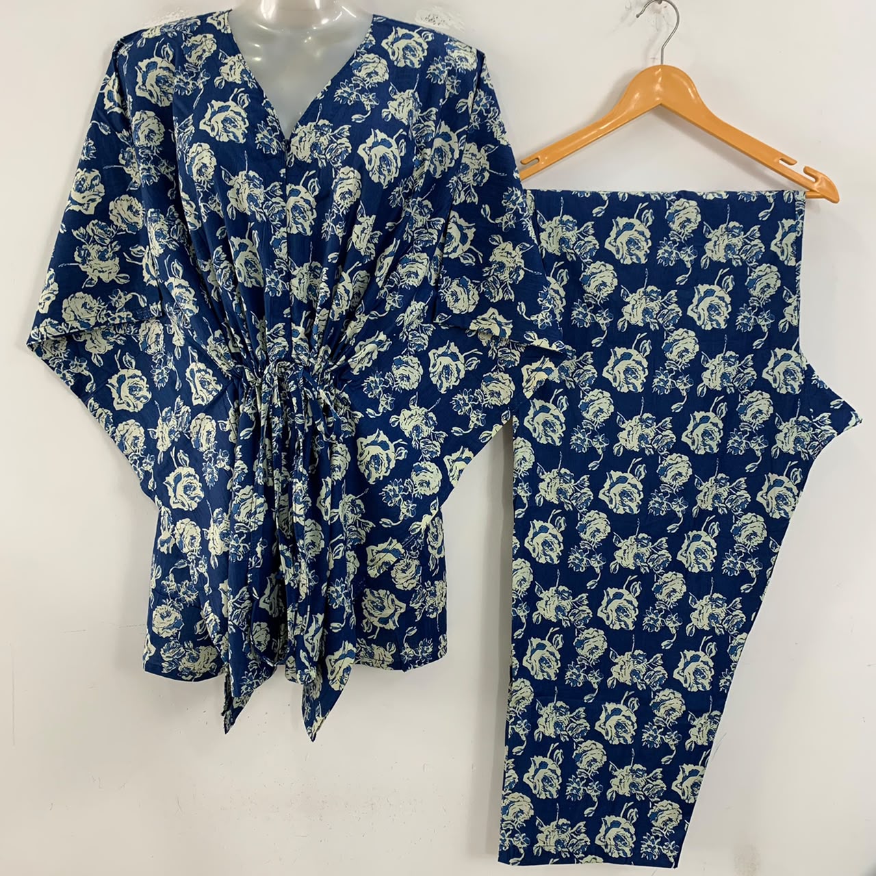 Blue shade Blue Rose Print Cotton Maternity Kaftan Co-Ord Set